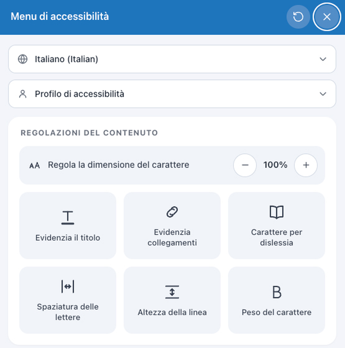 Menu de acessibilidade do widget Accessibi: ajustes de conteúdo e tamanho do texto
